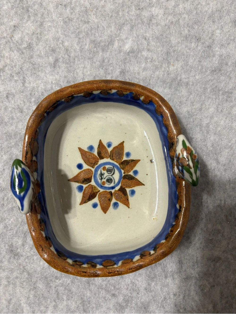 Mexican pottery dish oval ceramic with sun, floral & bird design